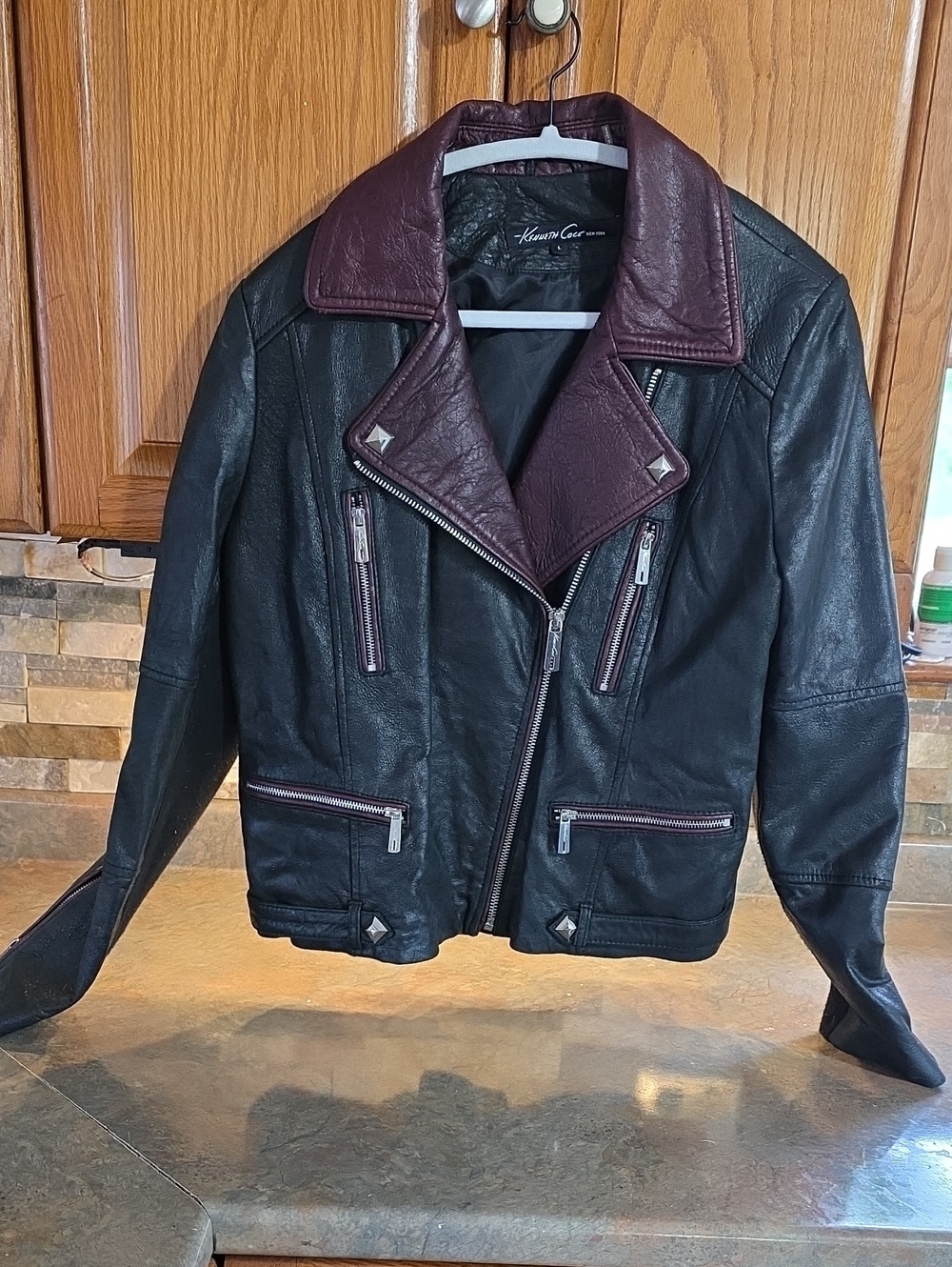 Womens Kenneth Cole Black Leather Jacket with Burgundy Collar